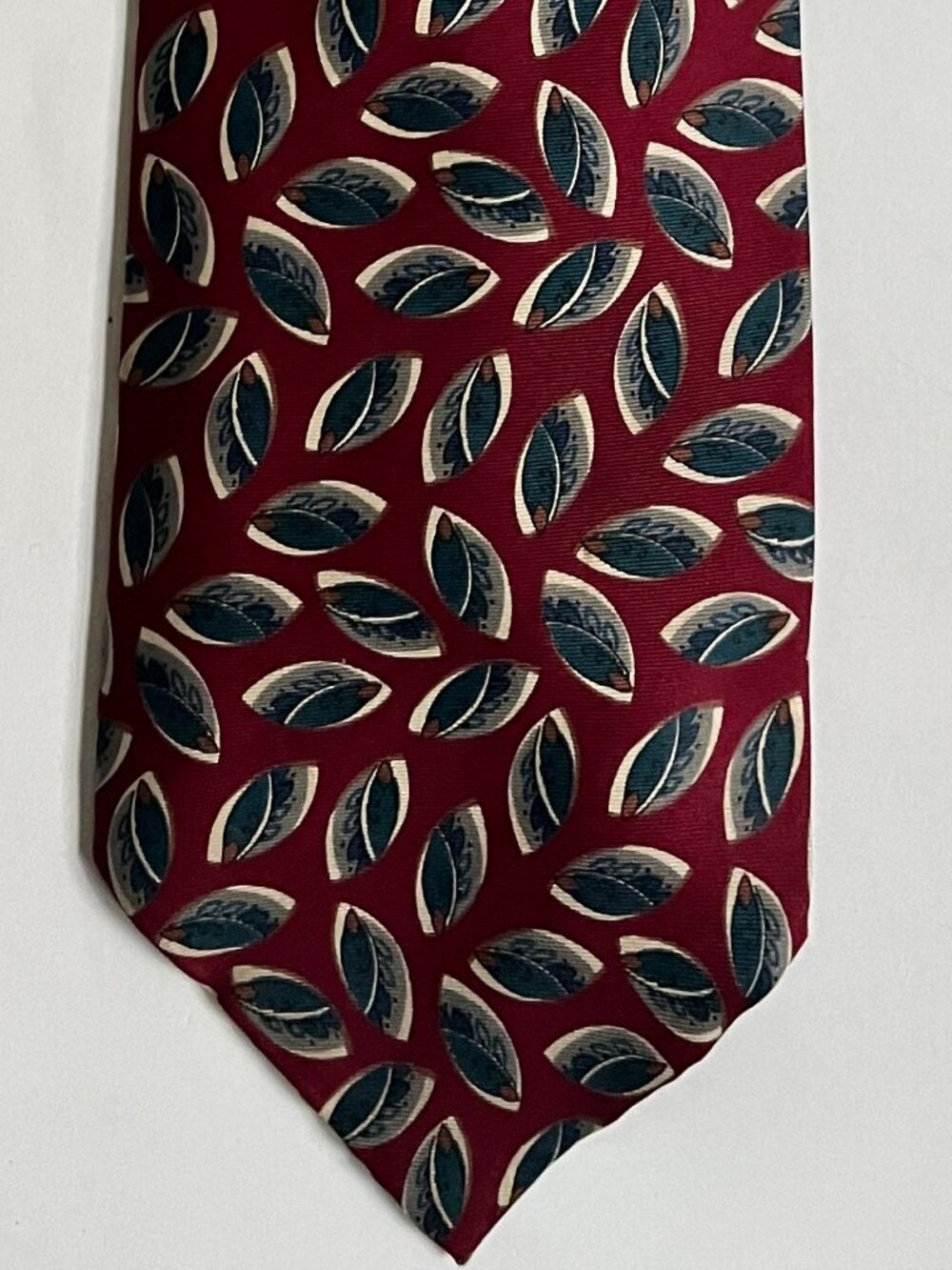 Vintage 80s Christian Dior Monsieur Red Silk Necktie Repeating Leaves Italy